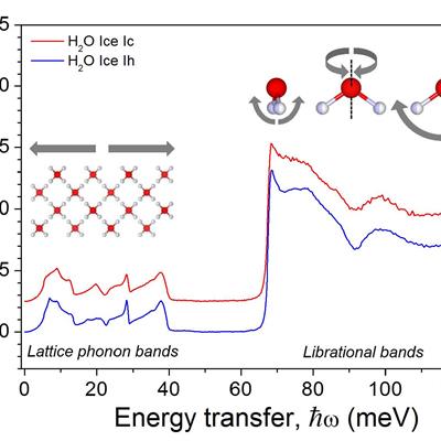 Hydrogen-projected density of phonon states (H-DOPS) in H2O cubic and hexagonal ice I measured on TOSCA spectrometer at 20 K. Th